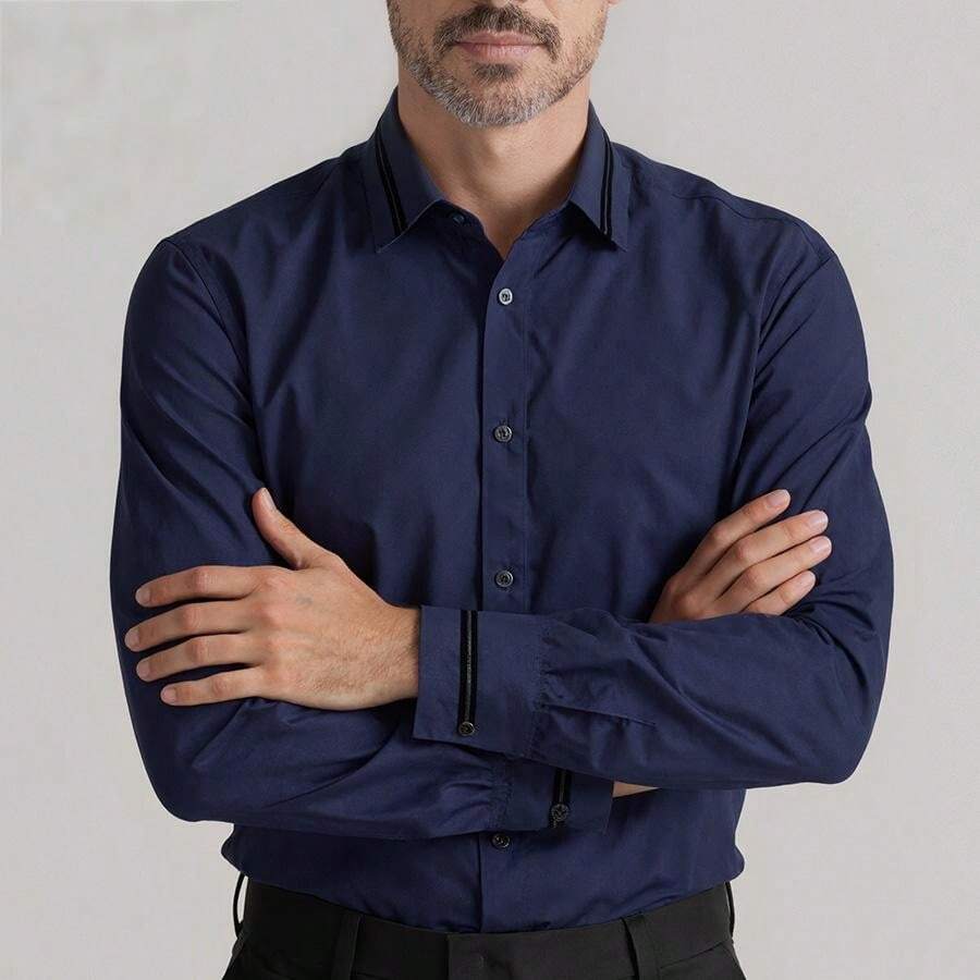 Camisa Social Masculina Premium: Elegante para Trabalho, Casual e Dia a Dia. Tecido Respirável e Antivrugas para o Clima do Brasil. Envio de SP. Elástica, Múltiplas Cores. - Azul Marinho - Visão 1