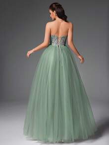 VIPGIRL New Green Strapless Sequin Contrast Mesh Elegant High-End Design Women's Formal Evening Gown - Green - View 2