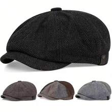 1pc Men's Herringbone Beret, Plaid Newsboy Cap, Casual Outdoor Hat For Street, Business And Party, Suitable For Autumn/Winter