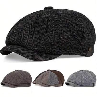 1pc Men's Herringbone Beret, Plaid Newsboy Cap, Casual Outdoor Hat For Street, Business And Party, Suitable For Autumn/Winter