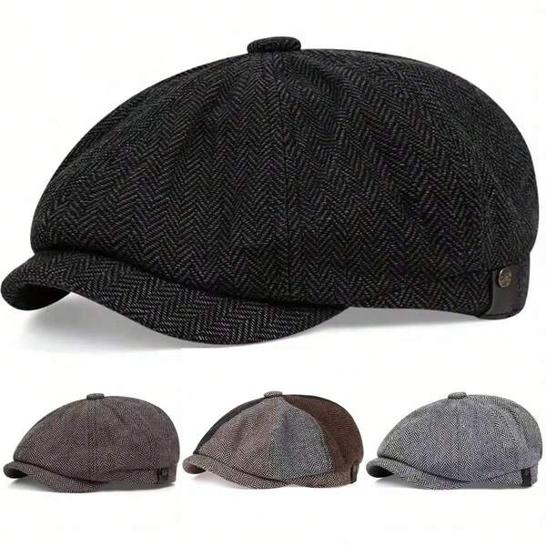 1pc Men's Herringbone Beret, Plaid Newsboy Cap, Casual Outdoor Hat For Street, Business And Party, Suitable For Autumn/Winter