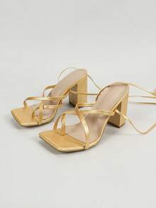 Women's Yellow Casual Fashionable Square Toe Thick Heel High Heels, Heel, Sandals For Women, Cross-Strap Elegant Lady Daily Fairy Style Date Comfortable Versatile High Heel Sandals - Yellow - View 7