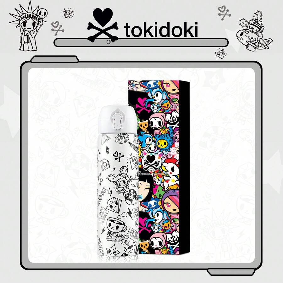Official Tokidoki Unicorno Water Bottle, Cartoon Vacuum Reusable Insulated Stainless Steel 16.9oz Cup Thermoses With Locking Cover Leak-Proof - Đen và trắng - Xem 1