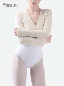 DonsGirl 1 chiếc áo ba lỗ dài tay kiểu Pháp dành cho nữ - Thắt dây chéo, cổ chữ V sâu, dáng ôm, màu trơn | Thích hợp cho tập thể dục, yoga, khiêu vũ Latin và mặc hàng ngày. - Màu be - Xem 3