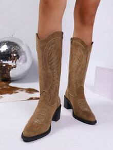 女士秋冬高跟高筒靴，刺绣优雅西部牛仔靴，侧拉链复古高筒靴，时尚百搭牛仔靴 - 棕色 - 查看 2