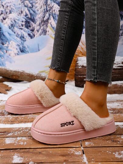 Women's Casual Plush Lined Fashion Slippers, Warm Indoor Outdoor Thick Sole Slippers For Winter