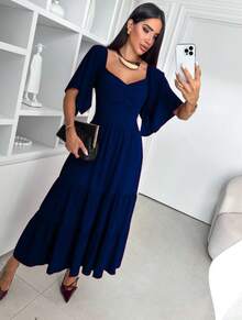 Midi Dress, Tres Marias Sleeve, Short, Lined, Evangelical Fashion, Plain, Tricoline, Evangelical Fashion - 藏蓝色 - 查看 2