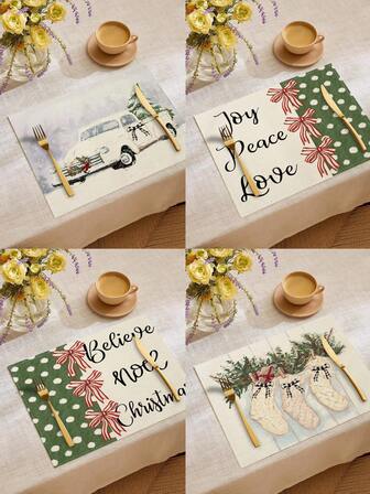 4 piezas/6 piezas/60 piezas Manteles individuales navideños, árbol de acebo, calcetín navideño, lazos de lino, manteles individuales resistentes a las manchas, adecuados para el hogar, restaurante, decoración de mesa de comedor, artículos para el hogar