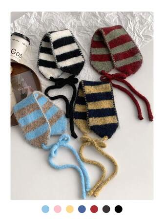 1pc Niche Striped Knit Small Scarf Headband For Women, Warm Ear Muffs, Versatile Headwear, Retro Chic Striped Small Scarf, Knit Ear Warmer Neck Gaiter, Autumn/Winter