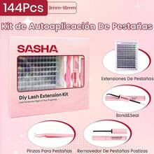 SASHA Extensión Pestañas Postizas Kit Completo, 144 Racimos Individuales Kit de Pestañas, Curvatura Tipo D Longitud Mixtas 9-18mm, Incluye 4 en 1 Herramienta Lash Bond y Seal y Remover y Pinzas - 1 - Ver 4