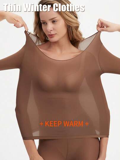 Maglie da donna senza cuciture, camicia intima in pizzo, abbigliamento autunnale ultra sottile, biancheria termica da donna in tinta unita, calda e comoda, maniche lunghe, collo tondo, magliette aderenti senza cuciture, vestibilità aderente, alta elasticità, top trasparenti color beige, casual, tinta unita, leggeri, caldi per autunno e inverno, tessuto sottile, strato base