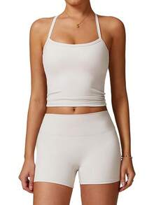 Two Piece Workout Sets Women Top Matching High Waist Lifting Shorts Gym Wear Outfits - Màu Xám nhạt - Xem 7