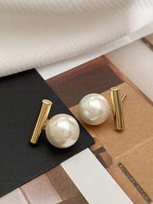 Tkool 2pcs Women's Minimalist T-Shaped Pearl Stud Earrings, Daily Accessory Gift - Multicolor - View 4