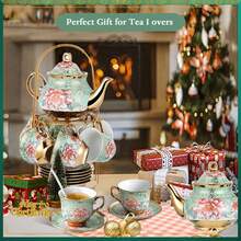Vintage Floral Porcelain Tea Set 20-Piece With Gold-Rimmed Teapot, 6 Cups, Saucers, Spoons & Metal Stand – Afternoon Tea, Garden Party, Wedding, Bridal Shower, Holiday Gift, Thanksgiving & Christmas Table Decor - Green - View 10