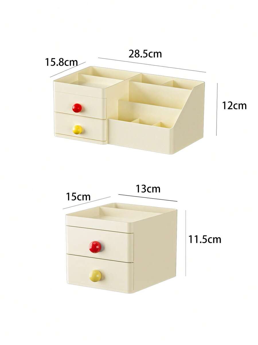 Minimalist Cute Dual-Layer Pen Holder Storage Box, Practical Cosmetic Organizer - Cream Yellow + Red Yellow - View 1