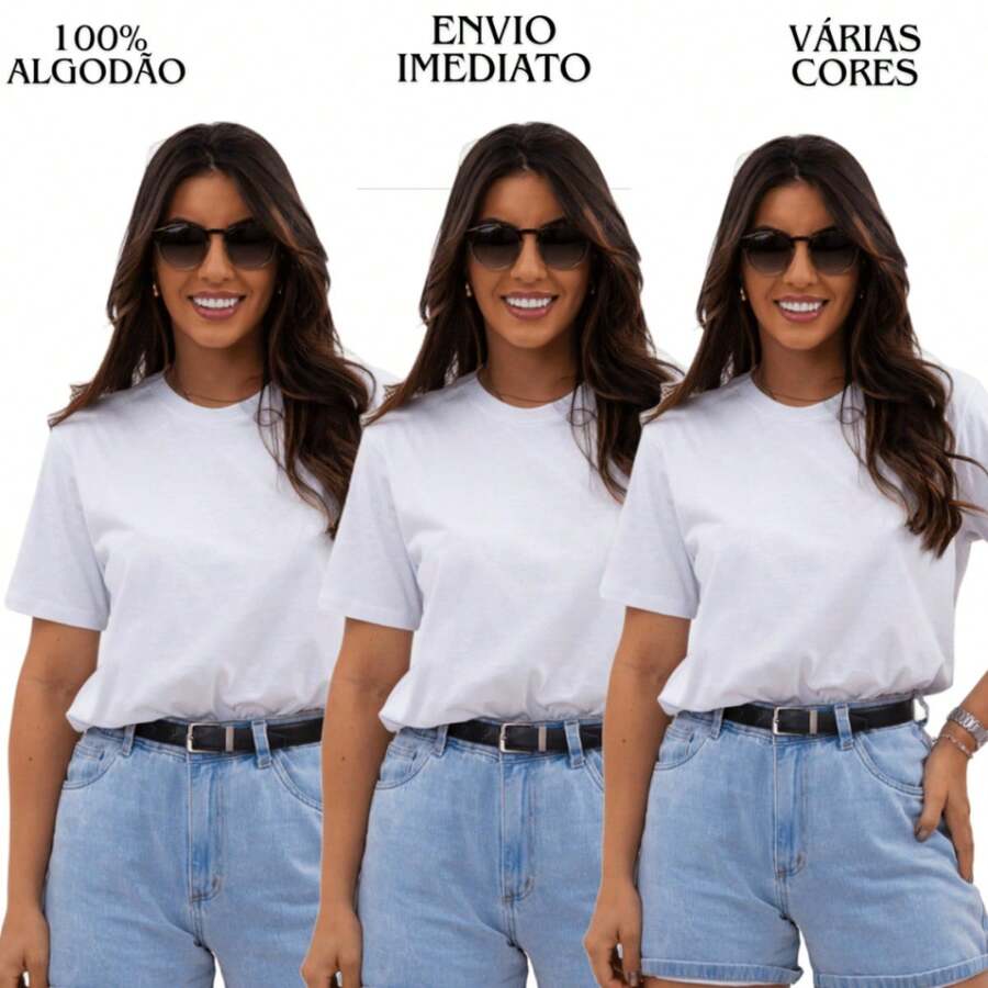KIT 3 TSHIRTS CAMISETA BÁSICA LISA FEMININA 100% ALGODÃO T-SHIRT CAMISETAS - Branca/Branca/Branca - Visão 1