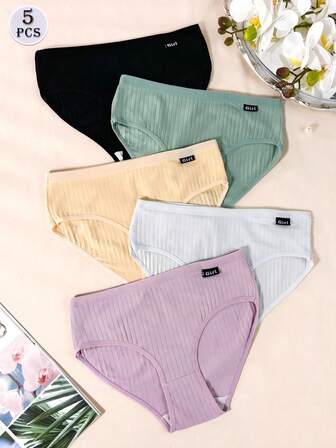 5Pcs Women Briefs Underwear Solid Color Panties Knickers Breathable Comfort Pants Casual Brief Basics Comfortable Fashionable Underpants Soft Fabric Sexy Panty Intimates Daily Fitness