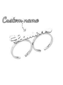 定制姓名戒指，双指戒指，不锈钢皇冠，心形，字母开口可调节情侣戒指，新娘首饰，送给她的周年纪念礼物，送给妈妈的母亲节礼物 - 銀色 - 查看 10