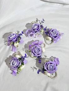 1/6 bông hoa hồng nhân tạo cài cổ tay cô dâu, hoa cài tay cho chị em gái phù dâu, hoa trang trí đám cưới, tiệc tùng, phụ kiện ngày Valentine - Màu tím hoa cà - Xem 6