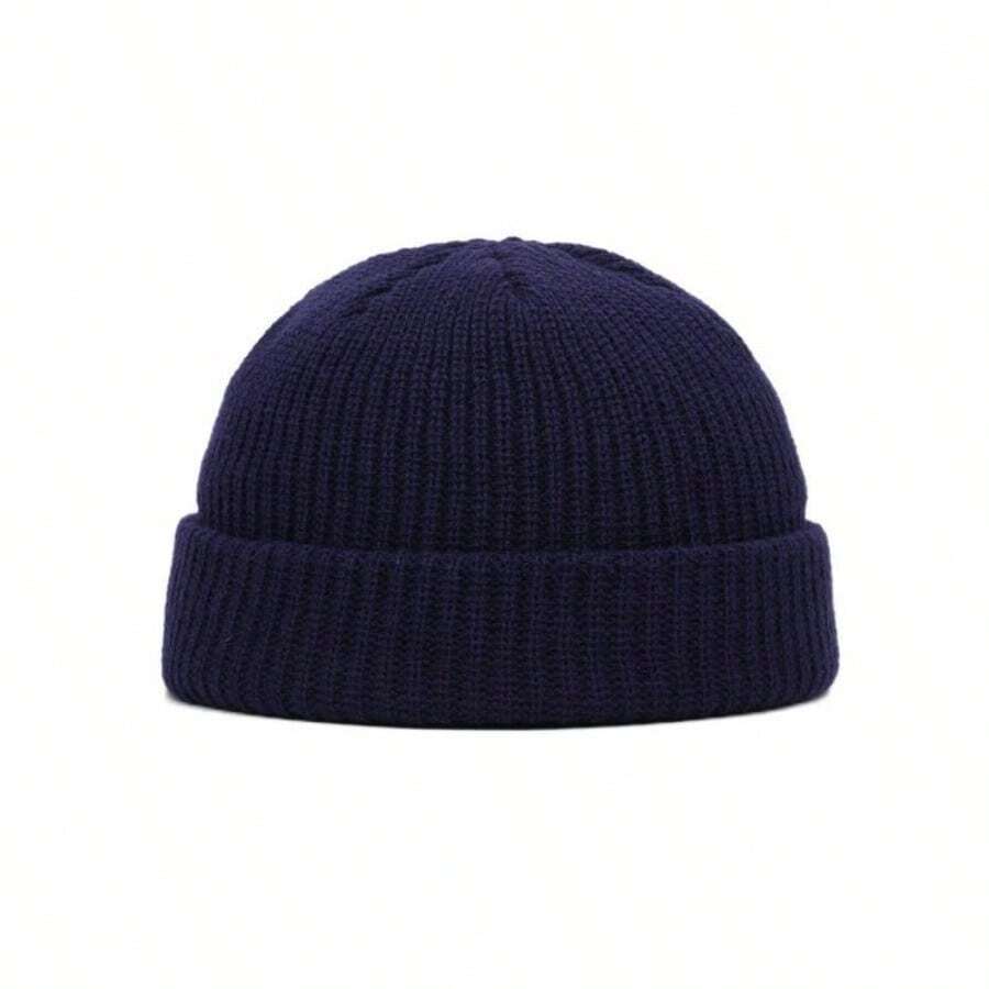 1PC Men Mini Short Fisherman Beanie Hat Winter Warm Knitted Ribbed Docker Skull Cap - Navy Blue - View 1