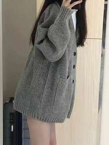 Las mujeres de cuello en V estilo perezoso chaqueta de punto, botón simple japonesa jersey otoño e invierno casual suéter de punto suelto - Gris - Ver 4