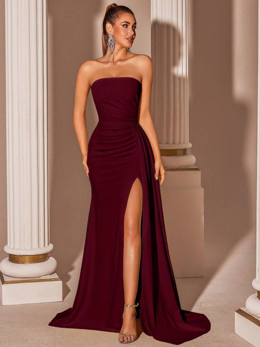 Elisanya Cream Yellow Elegant Strapless High Waist Slit Backless Tie Prom Party Dress - Burgundy - View 1