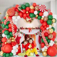 Christmas Balloon Wreath Arch Set, Including Christmas Green, 98pcs Red And White Candy Balloons And Cane Balloons, Suitable For Christmas Party Decoration
