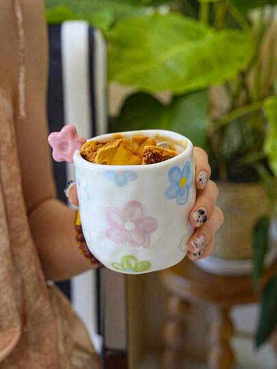 1pc 270ml Cute 3D Floral Ceramic Mug With Handle & Bow Decor, Suitable For Coffee, Latte, Breakfast, Gift