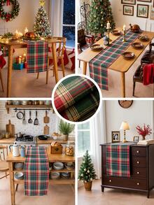 1 szt. bieżnik na stół w zieloną kratę "Wesołych Świąt", w starodawną zieloną kratę, gruba szczotkowana tkanina, nadaje się do kredensu, szafki, nadaje się do prania, do wystroju kuchni, jadalni, salonu, na imprezy, Boże Narodzenie, Nowy Rok