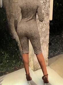 豹纹长袖上衣和紧身裤套装 - 棕色 - 查看 2