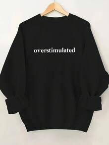 2025 New Women's Sweatshirt Round Neck Sweater For Women With "Overstimulated" Print - Soft Pink Casual Sweatshirt With Gathered Sleeves, Machine Washable, Comfortable Clothing For All Seasons Loose And Comfortable - 橄欖綠 - 查看 7