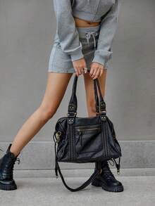 DareSee 2025 时尚女包，Y2K 复古摩托车包，柔软皮革大容量手提包，废土风格托特包，女士单肩/斜挎包，超柔软面料，波西米亚风女包，2000 年代时尚女包，复古女包，音乐节礼物 - 黑色 - 查看 5