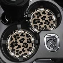 2pcs Leopard Print Rhinestone Decorated Car Cup Holders, Car Interior Decor - one-size - View 5