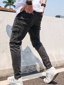 男士弹力黑色经典修身牛仔裤，男士弹力黑色破洞牛仔裤 - 黑色 - 查看 2