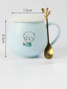 1pc Ceramic Mug, Breakfast Cup, Milk Cup With Lid & Spoon, High-Quality Coffee Cup For Home, Students, Couples - Multicolor - View 8