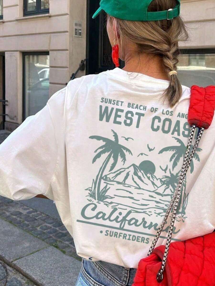 Camiseta de manga corta con cuello redondo para mujer, estilo casual de verano, con estampado de palmera y eslogan, sencilla y versátil, adecuada para uso diario. Camiseta con estampado, Top blanco, Vacaciones
