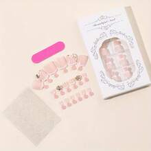 24 Elegant French Square Nail Pieces, Mixed Colors, Short Length, Glossy Surface, With 3D Rhinestones And Floral Design, Stylish Fake Nails, Suitable For Women And Girls - 法語 - 查看 4