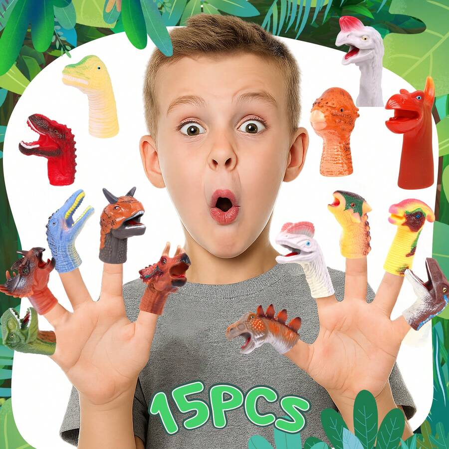 15 Pcs Dinosaur Head Finger Puppets, Realistic Dinosaur Toys, Animals Puppet Show Theater Props, Best Choice For Party Favors, Stocking Stuffers, Pinata Fillers And Goodie Bag Fillers - Multicolor - View 1