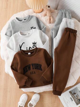 6 件套字母印花保暖内衬圆领长袖运动衫和裤子套装，适合 3-7 岁男孩和女孩，休闲运动服，户外活动，儿童学生装