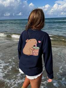 1 pieza Camiseta de manga larga con cuello redondo y estampado de caballo casual para niñas en el Día de San Valentín, ropa de otoño para estudiantes y niños pequeños - La llamativa camiseta con estampado de caballo definitivamente hará sonreír a la niña preadolescente - Azul Marino - Ver 6
