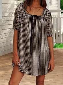 Women Plaid Summer Dress Loose Bow Square Neck Puff Sleeve Short Dress For Daily Travel - màu đen - Xem 3