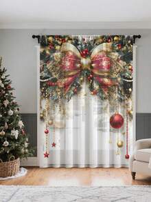 1pc Christmas Ball & Element Pattern Premium Decorative Curtain Rod Pocket Sheer Curtain, All Season Use For Outdoor, Gazebo, Bedroom, Kitchen, Office, Study, Living Room - Semi-Sheer (100g Fabric Weight) Home Decor Christmas Decorations Room Decor Christmas Decorations Home