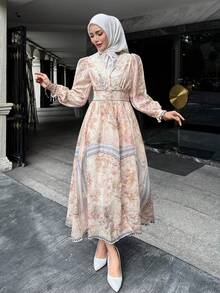 DAZY Vestido largo de estilo bohemio con estampado total y cintura ceñida, vestido de vacaciones de estilo francés, vestido elegante de manga larga para otoño, vestido elegante con estampado floral, vestido con adorno de encaje