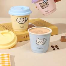 1 pieza Taza de cerámica para café, té o agua, con tapa de silicona antipolvo, hecha a mano con diseño de dibujos animados, resistente a altas temperaturas, de colores brillantes, agarre cómodo, boca ancha, borde redondo, base antideslizante, adecuada para decoración de encaje, para uso doméstico u oficina, apta para uso personal o como regalo