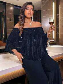 Voworia Plus Size Jumpsuit With Off Shoulder Design, Fashionable & Elegant, Early Autumn - Navy Blue - View 6