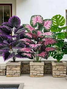 3pcs Large Artificial Plants Set, Lifelike Fake Plants Set With Violet Plants, Monstera & Pink Leaves For Home, Garden, Patio Decor | All Season Faux Greenery, Artificial Outdoor Plant, Perfect For Office, Wedding & Christmas Decoration, Home Decor, Garden Decor (Without Pot)