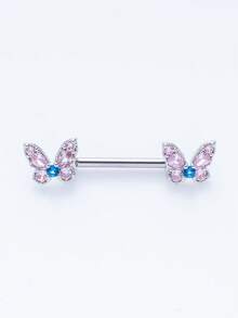 1件装锆石蝴蝶形杠铃乳环，时尚闪亮不锈钢乳头穿刺饰品，女士适用 - 彩色 - 查看 12