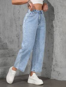 XIANGHE Jeans rectos de pierna ancha casual lavados para mujer - Lavado ligero - Ver 6