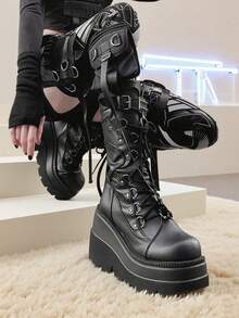 Women's Punk Platform Boots Gothic Round Toe Wedge Heel Lace-Up Mid Calf Boots Studded Metal Buckle Decor All-Season Combat Cosplay Halloween Dress Shoes - 黑色 - 查看 3