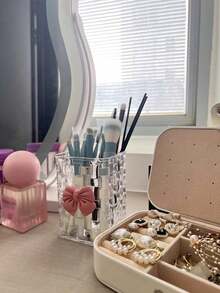 2pcs Transparent Desktop Organizer Box With Decorative Pink Bowknot,Clear Acrylic Desk Organizer,Bathroom Storage Box Toothbrush And Toothpaste Box,Desktop Pen Holder,Clear Acrylic Desktop Organizer,Luxurious Rattan Textured Desktop Storage Box,Multifunctional Organizer Rack,Pen Holder And Storage Case, Ideal For Back-To-School Supplies, Office, Dormitory,And Desk Essentials,1pc